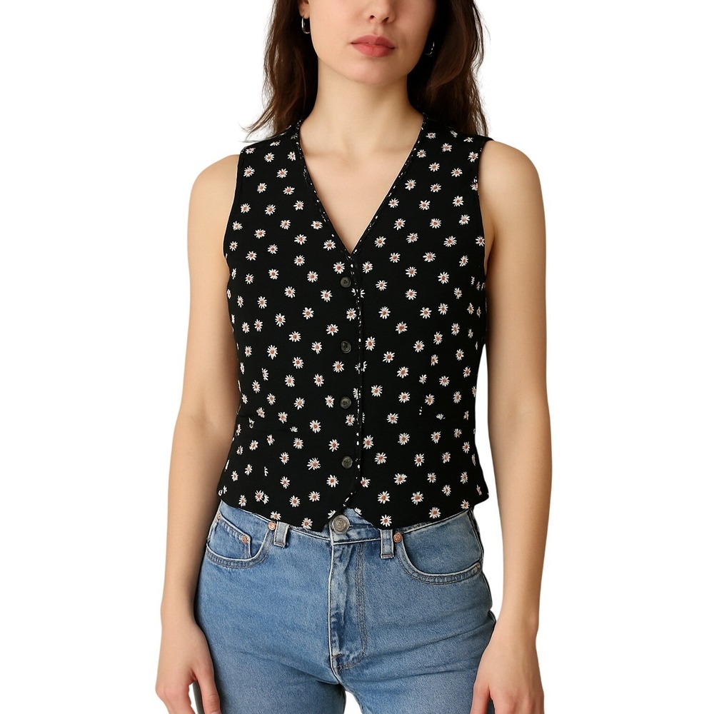 VINTAGE 90's Black‎ Floral Button Front Vest Top Cottagecore Academia